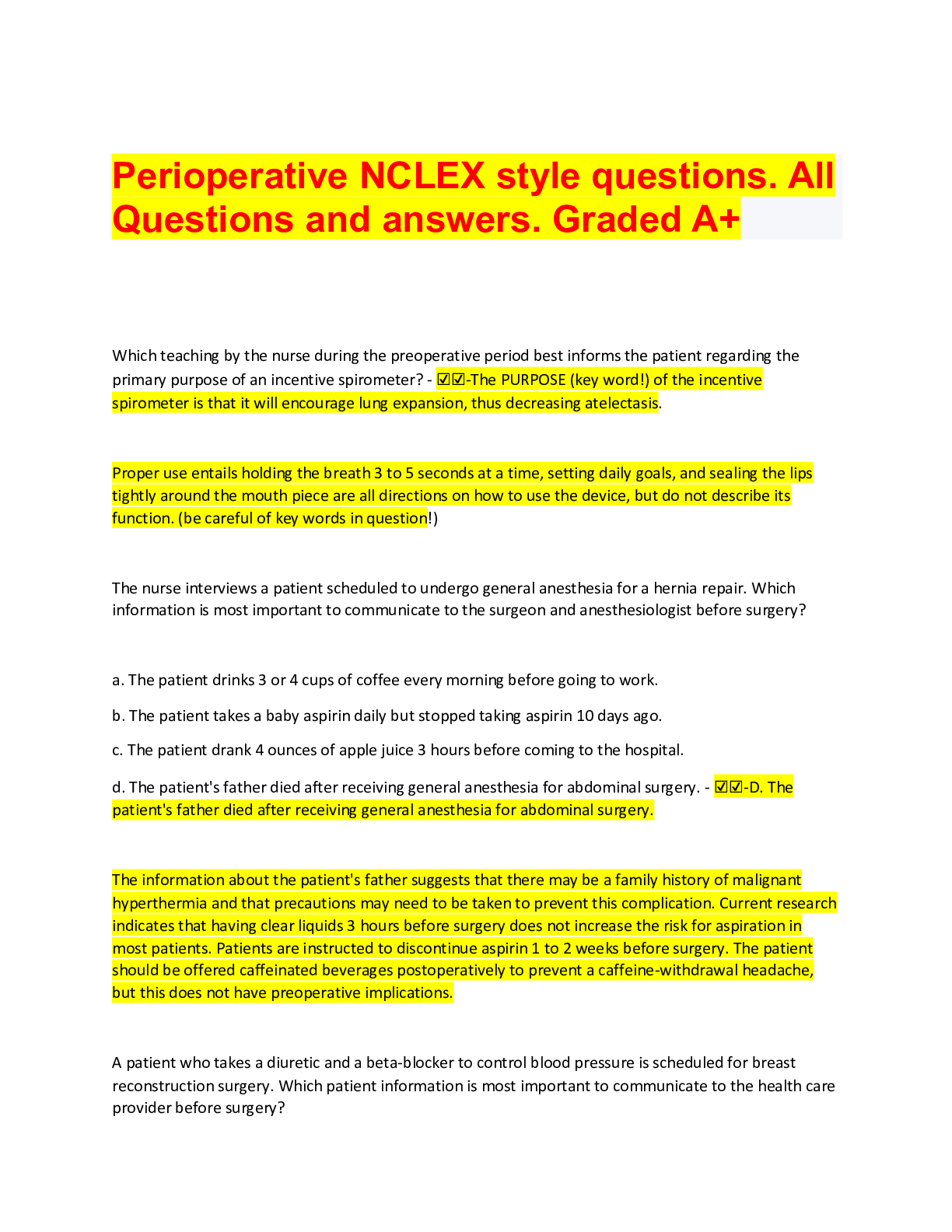 Preview of Perioperative NCLEX style questions. All Questions and answers. Graded A+